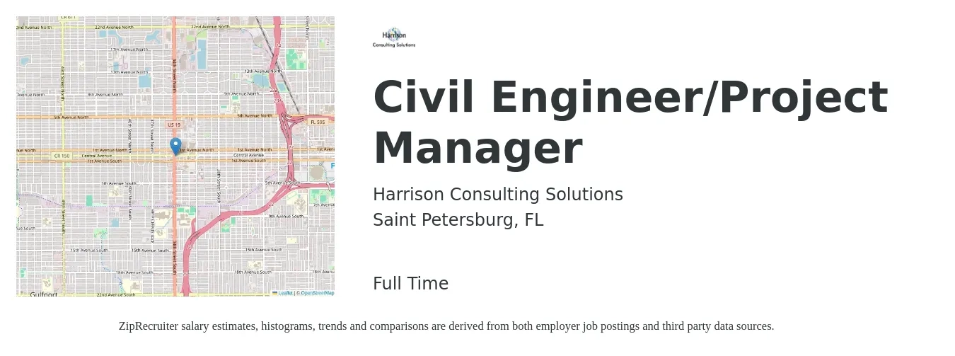 Harrison Consulting Solutions job posting for a Civil Engineer/Project Manager in Saint Petersburg, FL with a salary of $64,700 to $94,400 Yearly with a map of Saint Petersburg location.