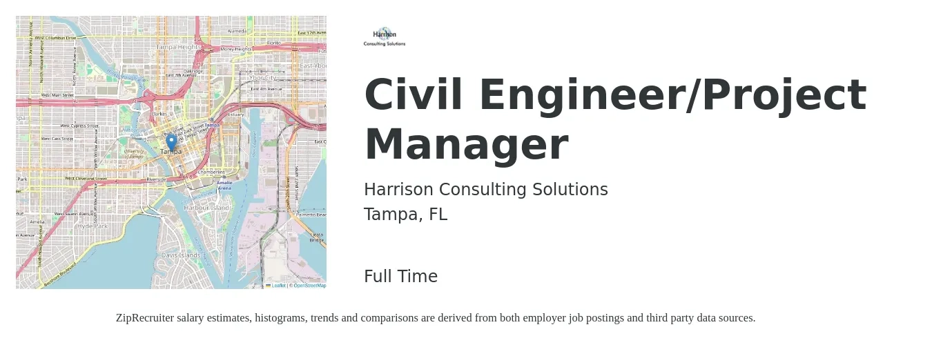 Harrison Consulting Solutions job posting for a Civil Engineer/Project Manager in Tampa, FL with a salary of $80,300 to $107,300 Yearly with a map of Tampa location.