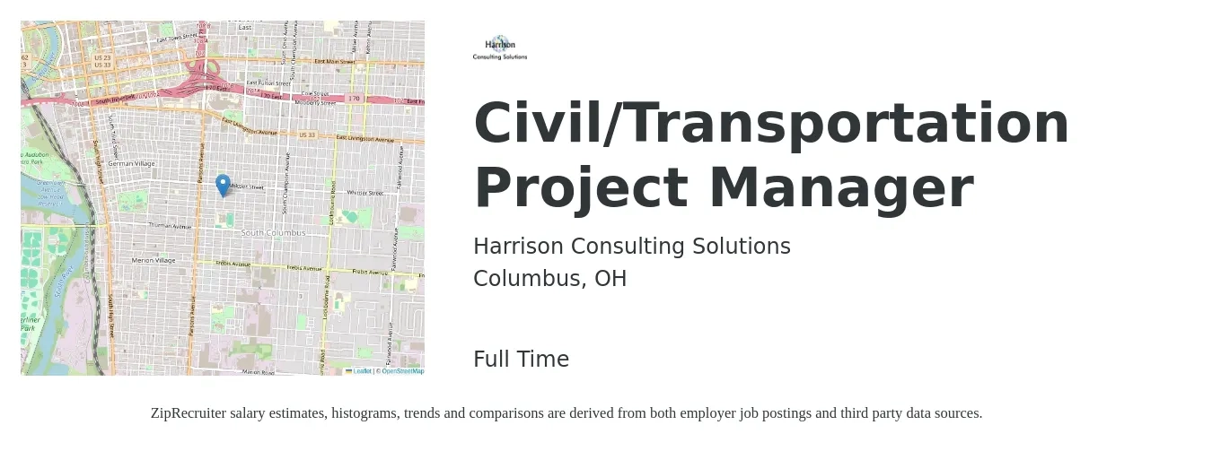 Harrison Consulting Solutions job posting for a Civil/Transportation Project Manager in Columbus, OH with a salary of $80,700 to $122,700 Yearly with a map of Columbus location.