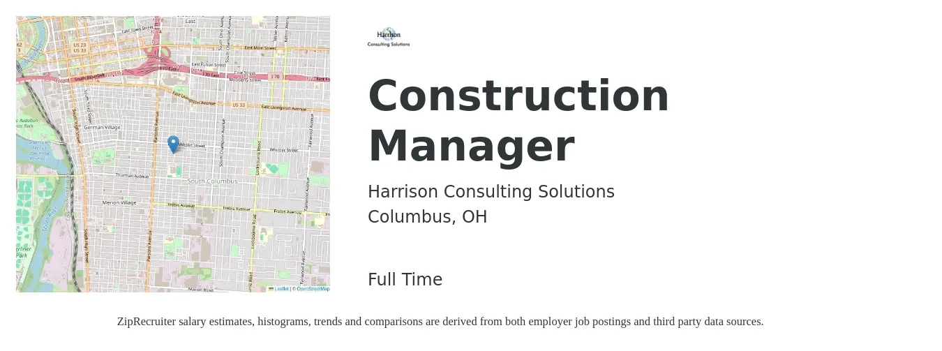 Harrison Consulting Solutions job posting for a Construction Manager in Columbus, OH with a salary of $68,600 to $111,600 Yearly with a map of Columbus location.