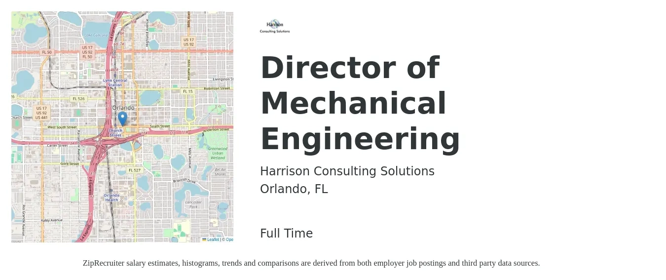 Harrison Consulting Solutions job posting for a Director of Mechanical Engineering in Orlando, FL with a salary of $142,700 to $183,300 Yearly with a map of Orlando location.