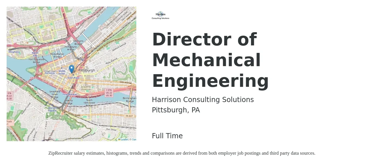 Harrison Consulting Solutions job posting for a Director of Mechanical Engineering in Pittsburgh, PA with a salary of $148,500 to $190,800 Yearly with a map of Pittsburgh location.