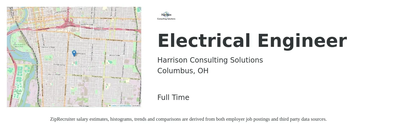 Harrison Consulting Solutions job posting for a Electrical Engineer in Columbus, OH with a salary of $80,200 to $127,500 Yearly with a map of Columbus location.
