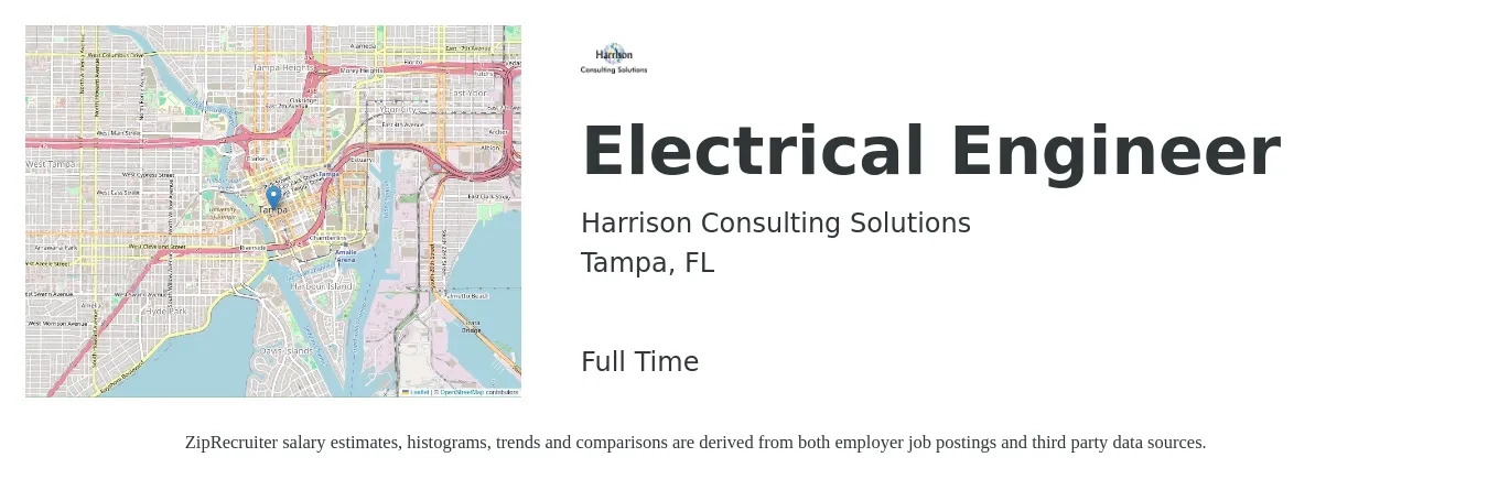 Harrison Consulting Solutions job posting for a Electrical Engineer in Tampa, FL with a salary of $78,400 to $124,700 Yearly with a map of Tampa location.