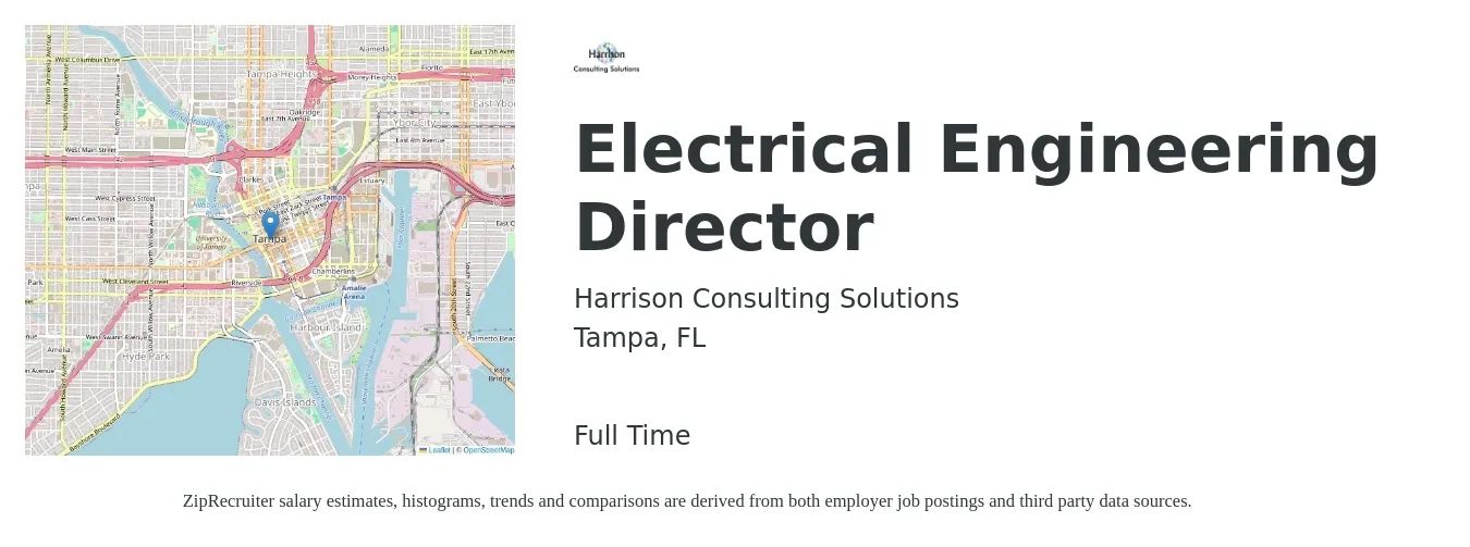 Harrison Consulting Solutions job posting for a Electrical Engineering Director in Tampa, FL with a salary of $115,800 to $148,800 Yearly with a map of Tampa location.