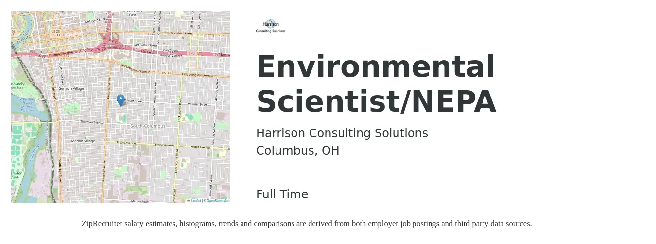 Harrison Consulting Solutions job posting for a Environmental Scientist/NEPA in Columbus, OH with a salary of $72,400 to $95,100 Yearly with a map of Columbus location.