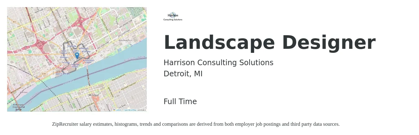 Harrison Consulting Solutions job posting for a Landscape Designer in Detroit, MI with a salary of $52,400 to $73,100 Yearly with a map of Detroit location.