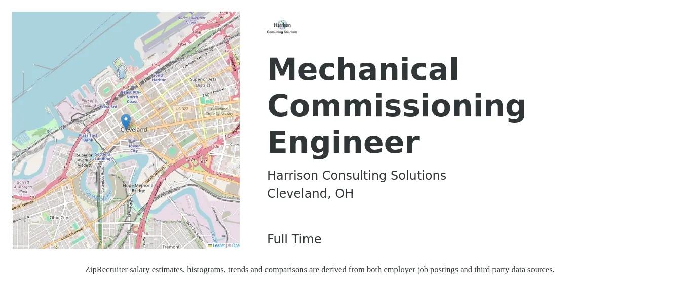 Harrison Consulting Solutions job posting for a Mechanical Commissioning Engineer in Cleveland, OH with a salary of $84,200 to $104,600 Yearly with a map of Cleveland location.