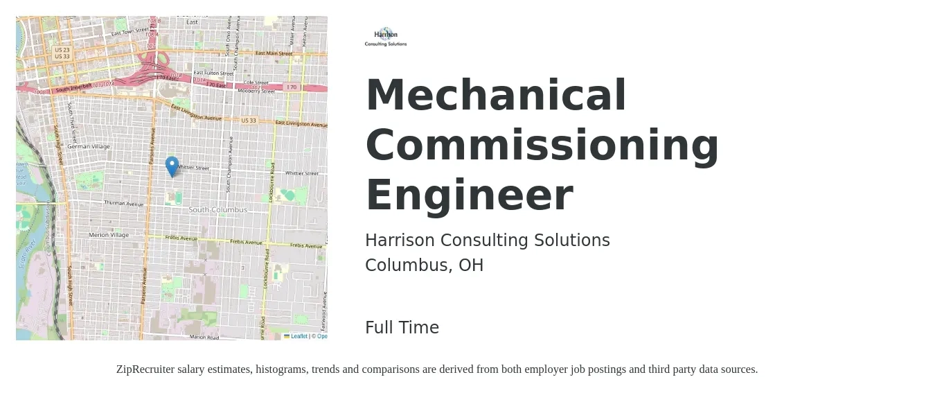 Harrison Consulting Solutions job posting for a Mechanical Commissioning Engineer in Columbus, OH with a salary of $84,000 to $104,300 Yearly with a map of Columbus location.