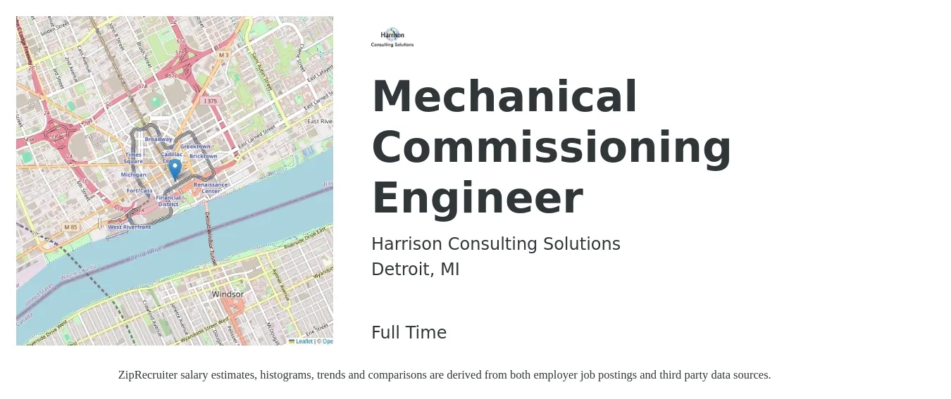 Harrison Consulting Solutions job posting for a Mechanical Commissioning Engineer in Detroit, MI with a salary of $86,000 to $106,700 Yearly with a map of Detroit location.