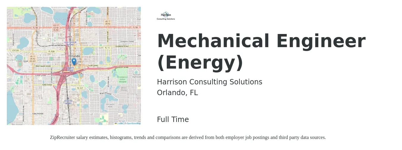 Harrison Consulting Solutions job posting for a Mechanical Engineer (Energy) in Orlando, FL with a salary of $91,200 to $101,000 Yearly with a map of Orlando location.