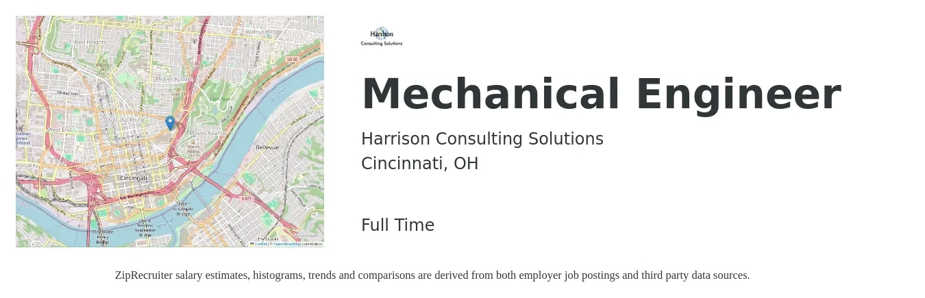 Harrison Consulting Solutions job posting for a Mechanical Engineer in Cincinnati, OH with a salary of $78,200 to $121,400 Yearly with a map of Cincinnati location.