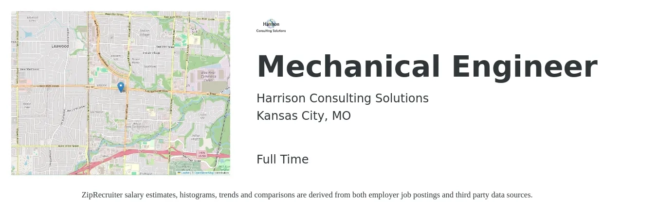 Harrison Consulting Solutions job posting for a Mechanical Engineer in Kansas City, MO with a salary of $75,300 to $116,900 Yearly with a map of Kansas City location.