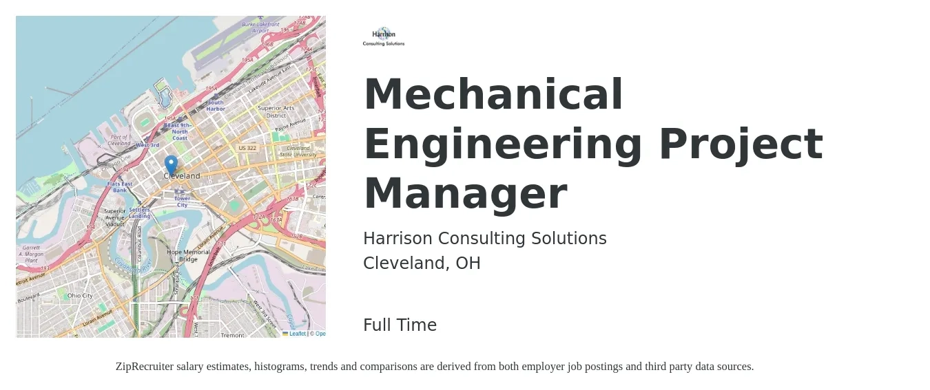 Harrison Consulting Solutions job posting for a Mechanical Engineering Project Manager in Cleveland, OH with a salary of $87,600 to $118,600 Yearly with a map of Cleveland location.