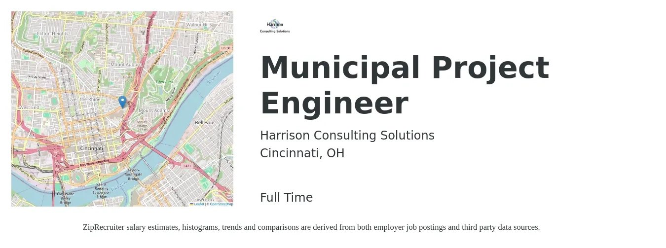 Harrison Consulting Solutions job posting for a Municipal Project Engineer in Cincinnati, OH with a salary of $71,000 to $99,300 Yearly with a map of Cincinnati location.