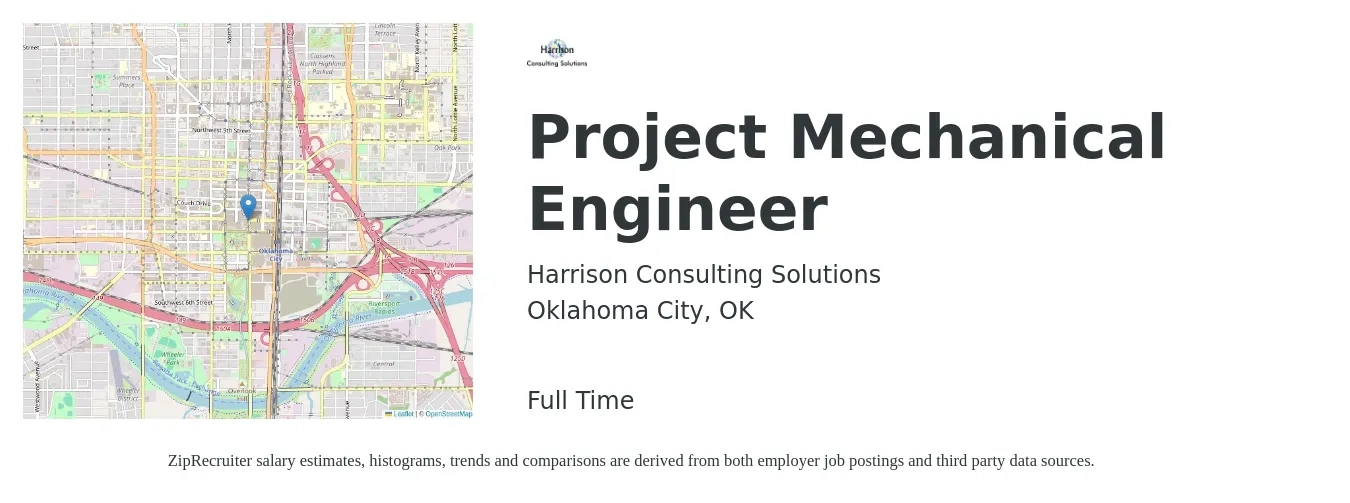 Harrison Consulting Solutions job posting for a Project Mechanical Engineer in Oklahoma City, OK with a salary of $71,500 to $97,500 Yearly with a map of Oklahoma City location.