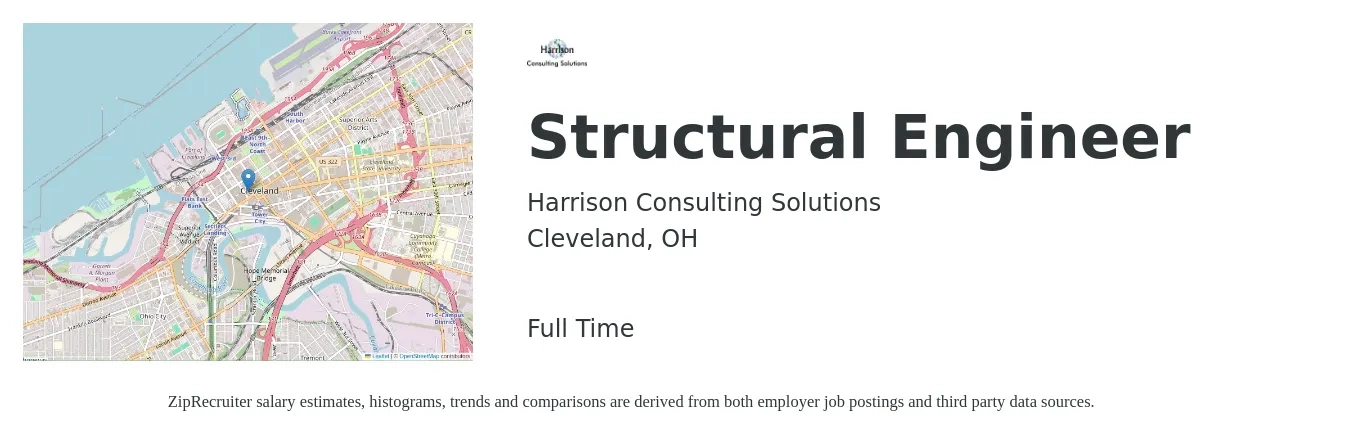 Harrison Consulting Solutions job posting for a Structural Engineer in Cleveland, OH with a salary of $77,500 to $109,400 Yearly with a map of Cleveland location.
