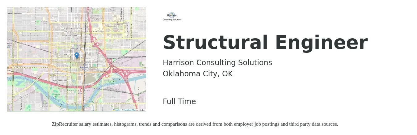Harrison Consulting Solutions job posting for a Structural Engineer in Oklahoma City, OK with a salary of $74,300 to $105,000 Yearly with a map of Oklahoma City location.