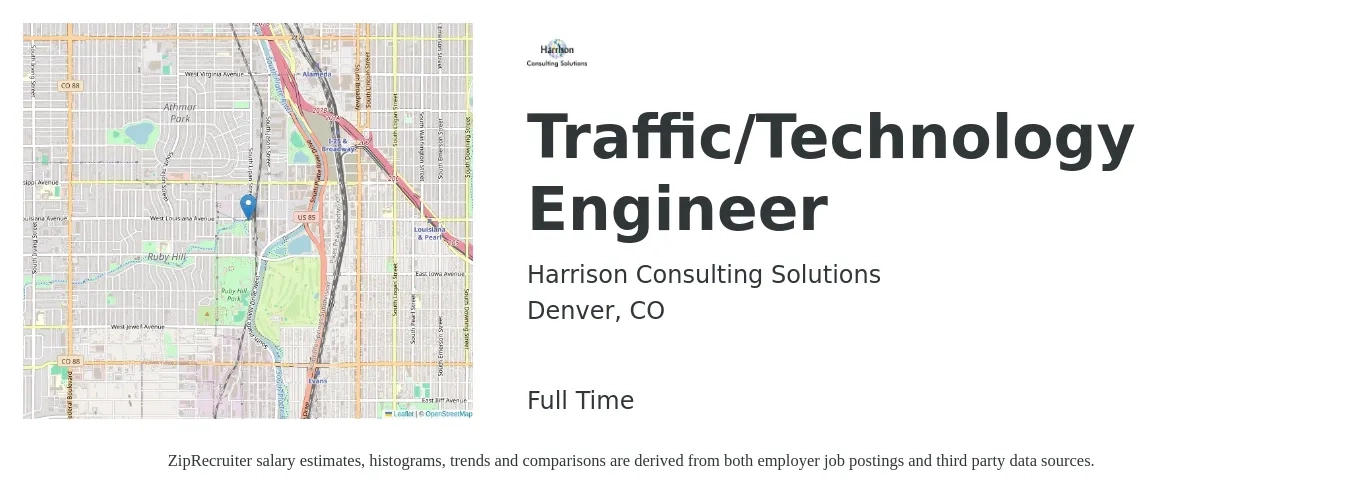 Harrison Consulting Solutions job posting for a Traffic/Technology Engineer in Denver, CO with a salary of $89,500 to $121,900 Yearly with a map of Denver location.