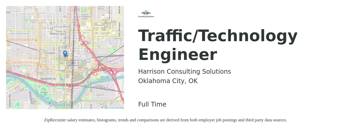 Harrison Consulting Solutions job posting for a Traffic/Technology Engineer in Oklahoma City, OK with a salary of $80,800 to $110,100 Yearly with a map of Oklahoma City location.