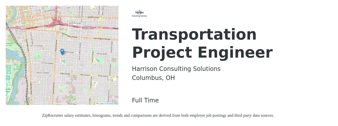 Harrison Consulting Solutions job posting for a Transportation Project Engineer in Columbus, OH with a salary of $71,500 to $100,000 Yearly with a map of Columbus location.