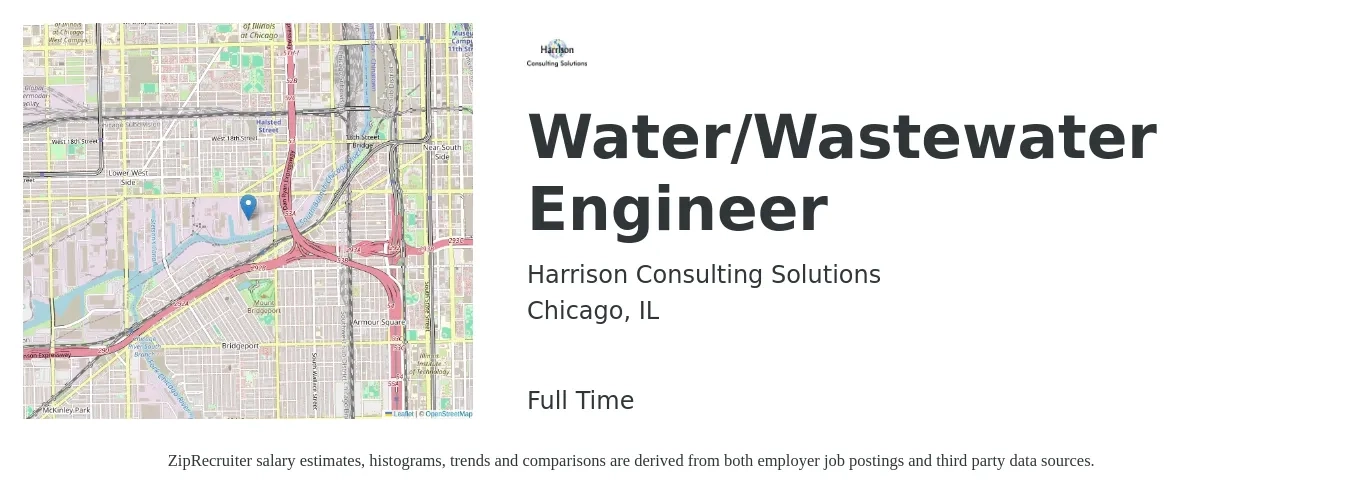 Harrison Consulting Solutions job posting for a Water/Wastewater Engineer in Chicago, IL with a salary of $78,400 to $127,300 Yearly with a map of Chicago location.