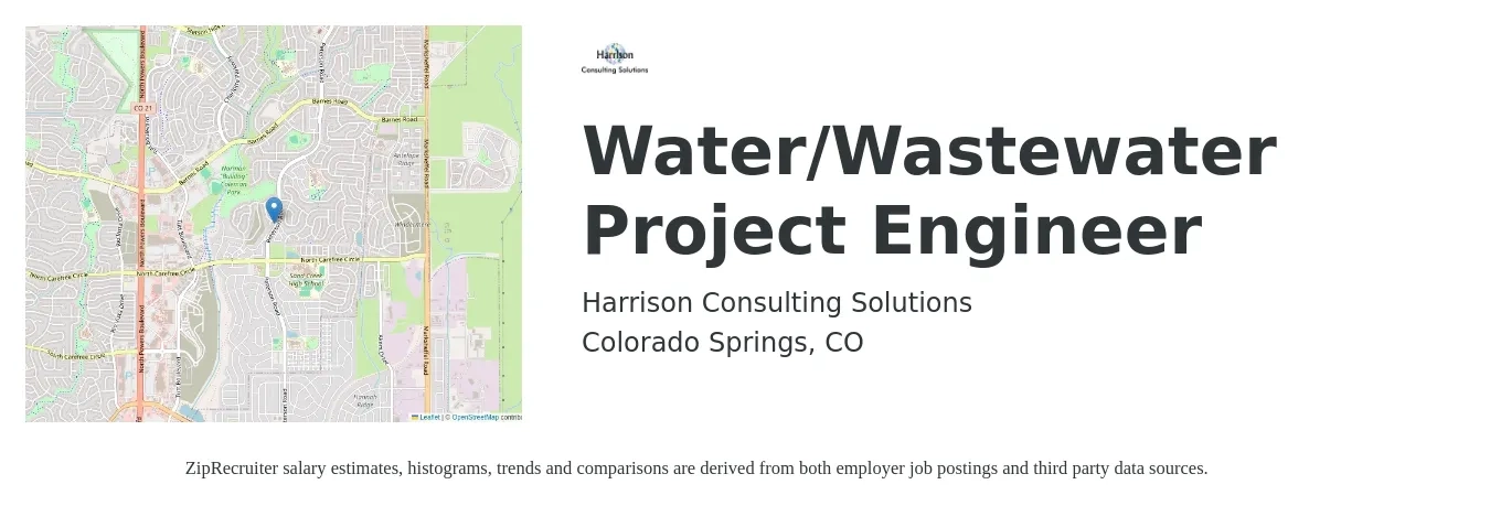 Harrison Consulting Solutions job posting for a Water/Wastewater Project Engineer in Colorado Springs, CO with a salary of $81,400 to $112,900 Yearly with a map of Colorado Springs location.