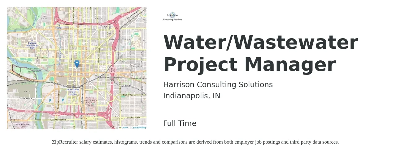 Harrison Consulting Solutions job posting for a Water/Wastewater Project Manager in Indianapolis, IN with a map of Indianapolis location.