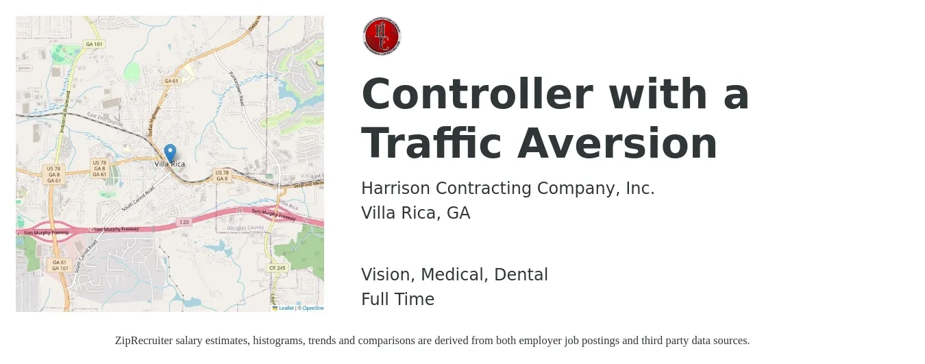 Harrison Contracting Company, Inc. job posting for a Controller with a Traffic Aversion in Villa Rica, GA with a salary of $16 to $25 Hourly and benefits including retirement, vision, dental, life_insurance, medical, and pto with a map of Villa Rica location.