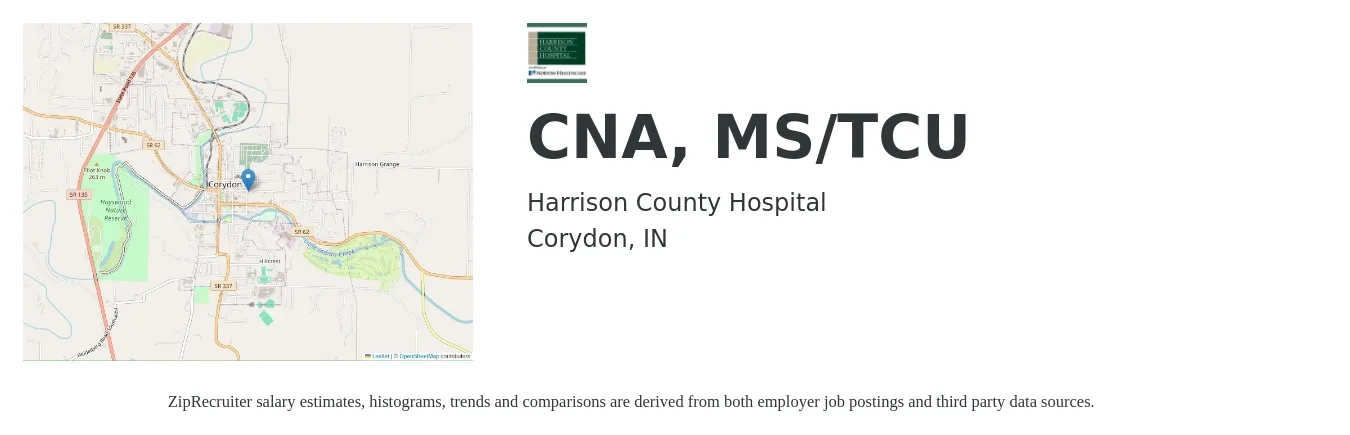 Harrison County Hospital job posting for a CNA, MS/TCU in Corydon, IN with a salary of $15 to $21 Hourly with a map of Corydon location.