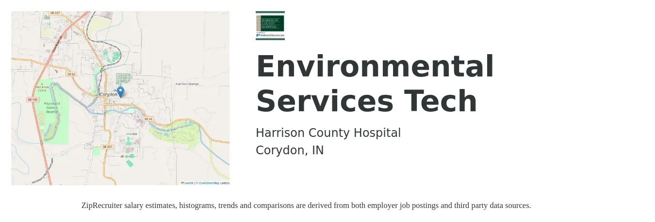 Harrison County Hospital job posting for a Environmental Services Tech in Corydon, IN with a salary of $14 to $18 Hourly with a map of Corydon location.