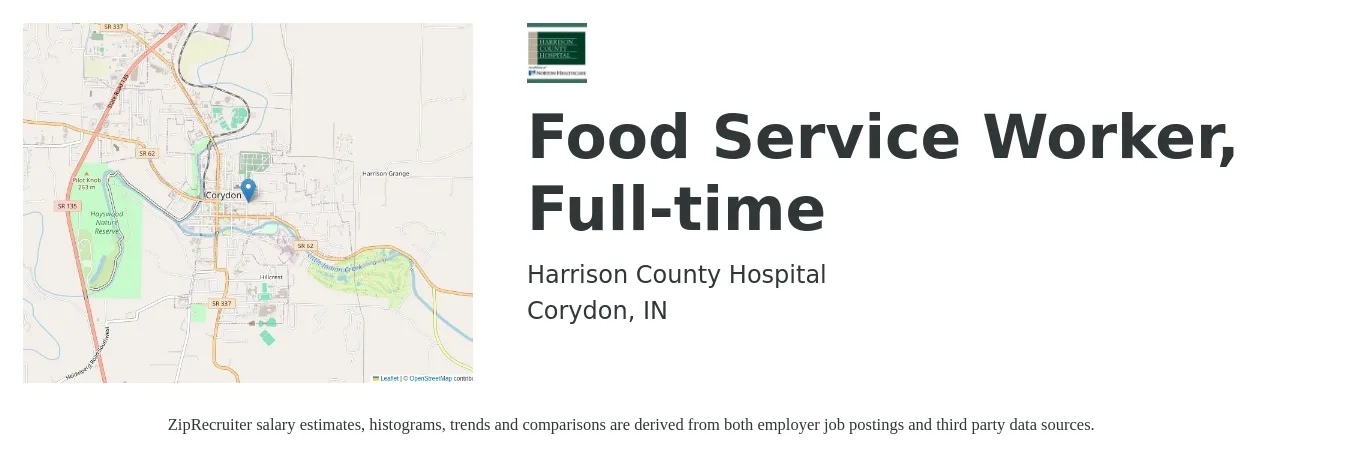 Harrison County Hospital job posting for a Food Service Worker, Full-time in Corydon, IN with a salary of $14 to $16 Hourly with a map of Corydon location.