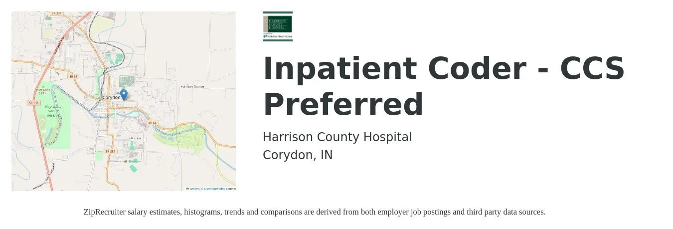 Harrison County Hospital job posting for a Inpatient Coder - CCS Preferred in Corydon, IN with a salary of $20 to $24 Hourly with a map of Corydon location.