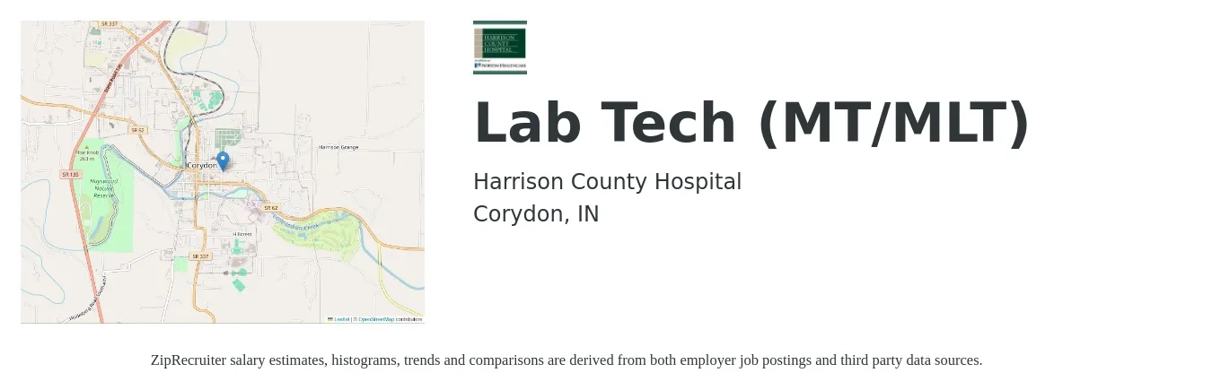 Harrison County Hospital job posting for a Lab Tech (MT/MLT) in Corydon, IN with a salary of $1,030 to $2,120 Weekly with a map of Corydon location.