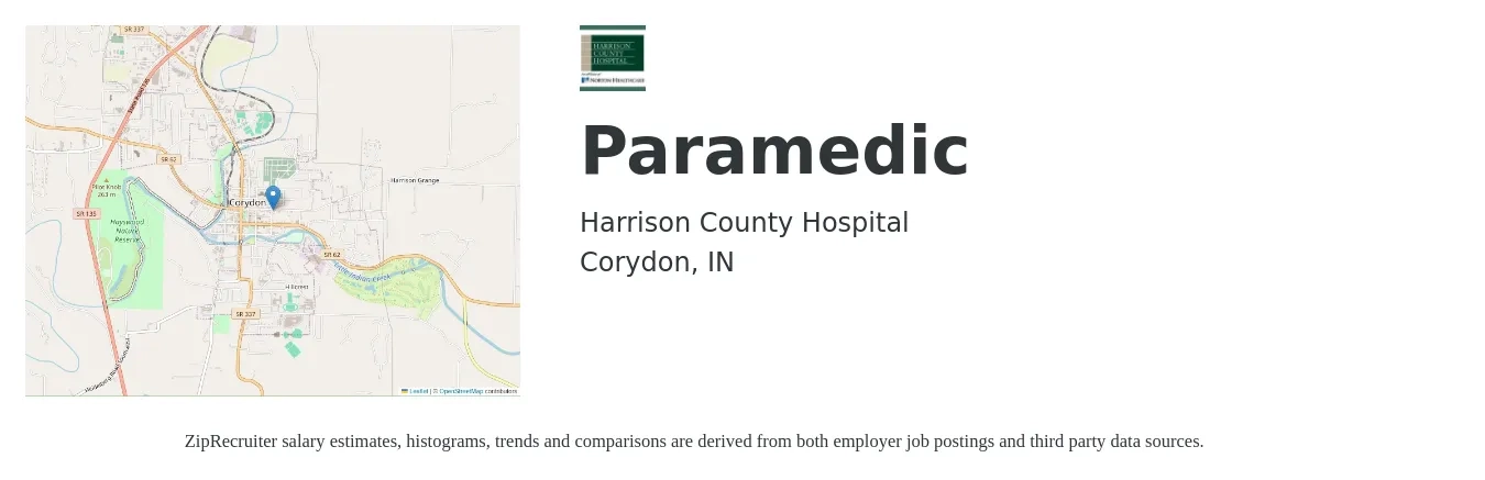 Harrison County Hospital job posting for a Paramedic in Corydon, IN with a salary of $20 to $27 Hourly with a map of Corydon location.