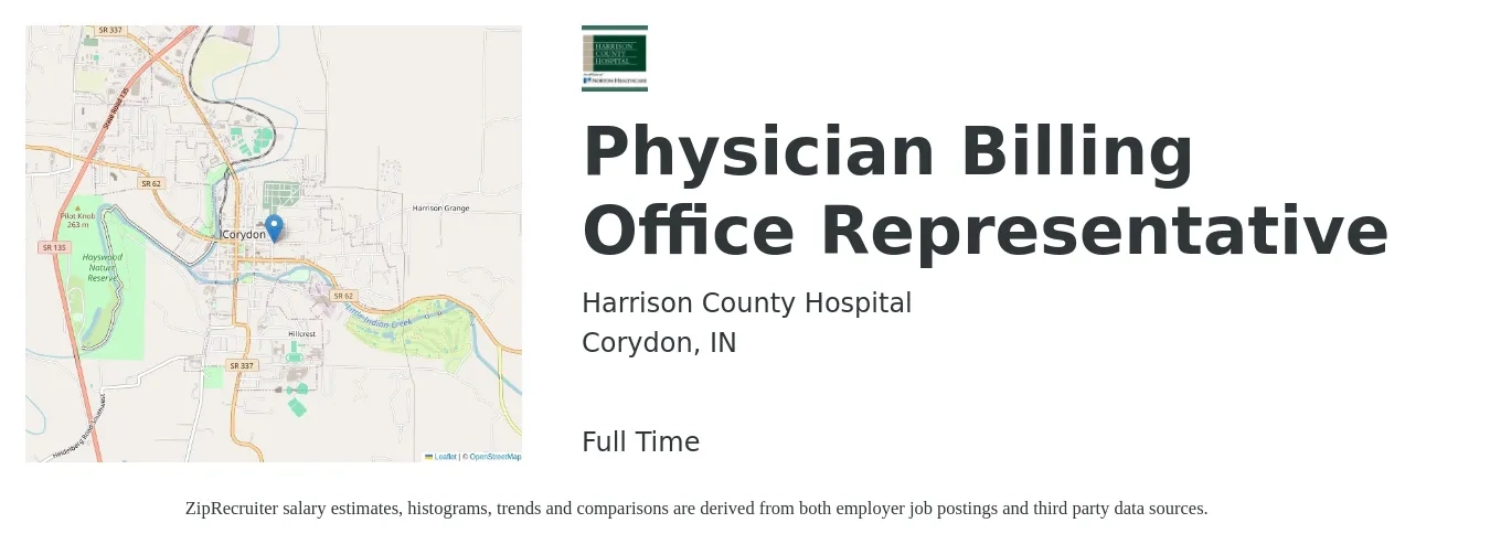 Harrison County Hospital job posting for a Physician Billing Office Representative in Corydon, IN with a salary of $16 to $21 Hourly with a map of Corydon location.