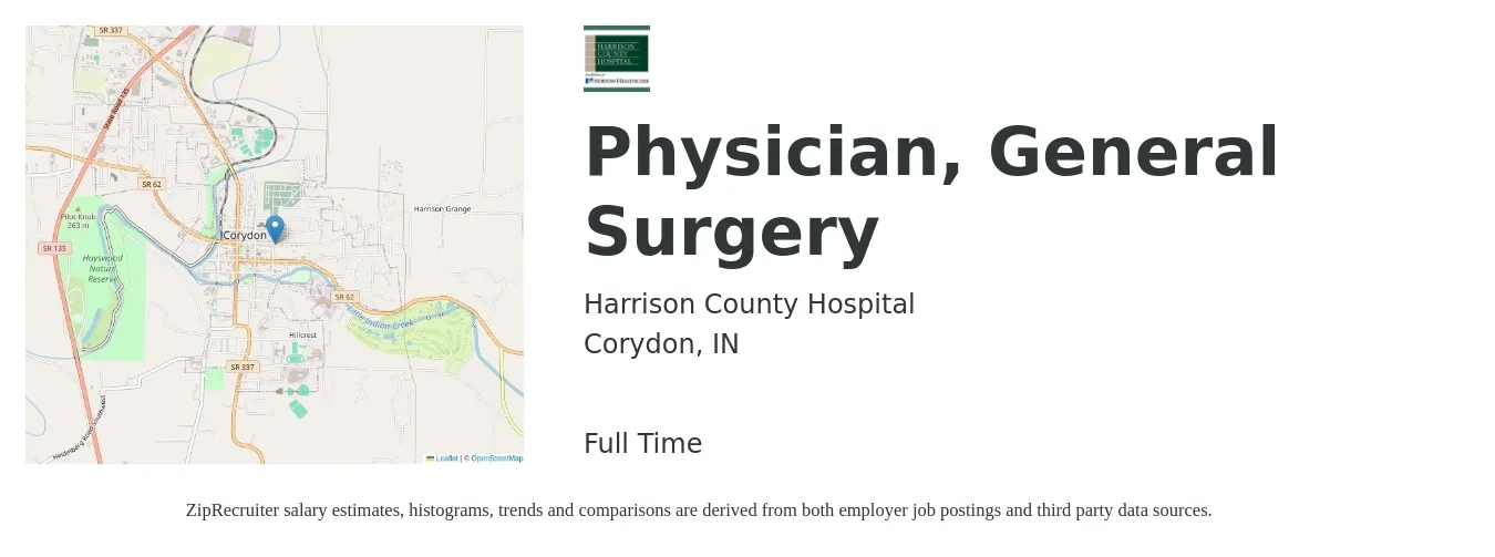 Harrison County Hospital job posting for a Physician, General Surgery in Corydon, IN with a salary of $223,000 to $267,600 Yearly with a map of Corydon location.