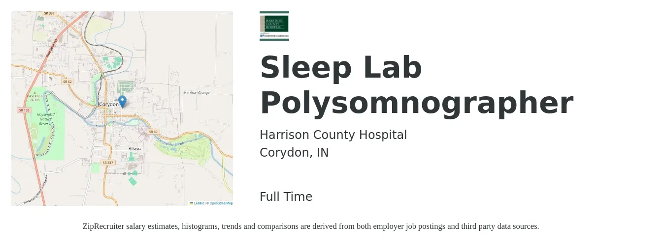 Harrison County Hospital job posting for a Sleep Lab Polysomnographer in Corydon, IN with a salary of $1,390 to $1,980 Weekly with a map of Corydon location.