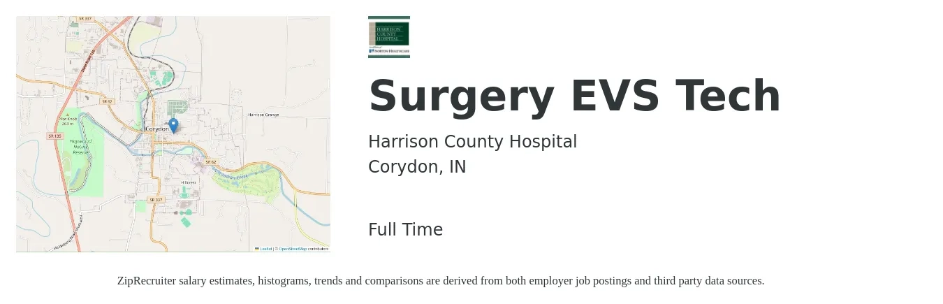 Harrison County Hospital job posting for a Surgery EVS Tech in Corydon, IN with a salary of $18 to $27 Hourly with a map of Corydon location.