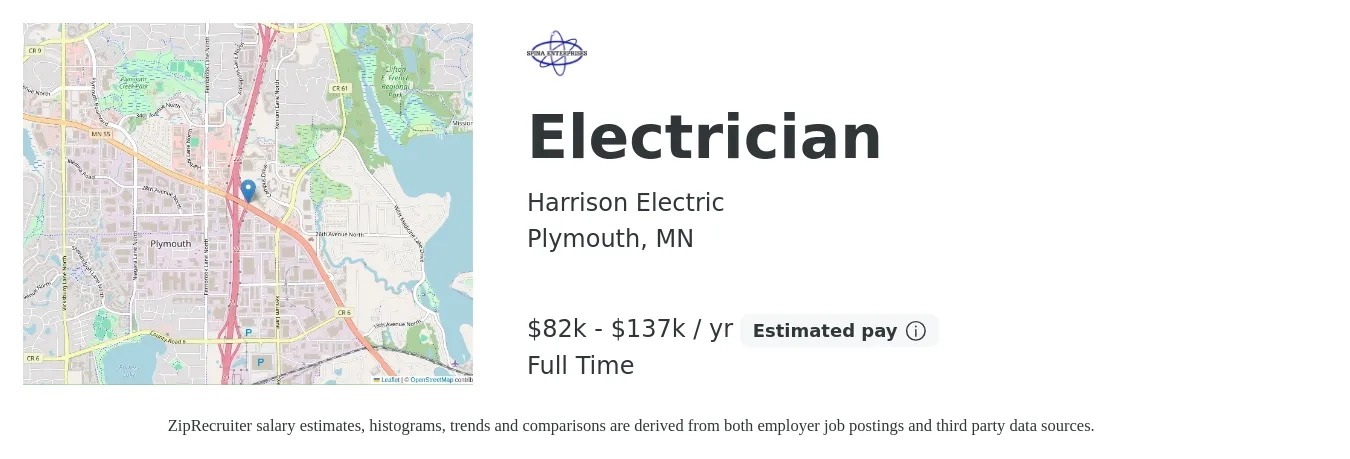 Harrison Electric job posting for a Electrician in Plymouth, MN with a salary of $82,000 to $137,000 Yearly with a map of Plymouth location.