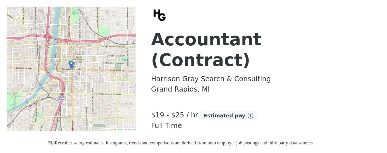 Harrison Gray Search & Consulting job posting for a Accountant (Contract) in Grand Rapids, MI with a salary of $20 to $27 Hourly with a map of Grand Rapids location.