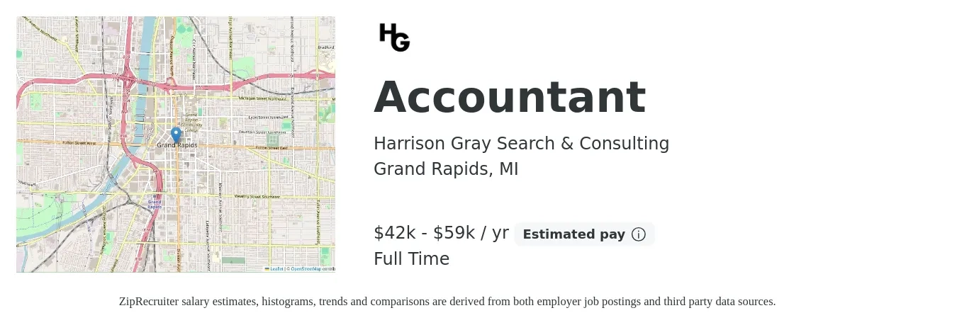 Harrison Gray Search & Consulting job posting for a Accountant in Grand Rapids, MI with a salary of $42,000 to $59,000 Yearly with a map of Grand Rapids location.