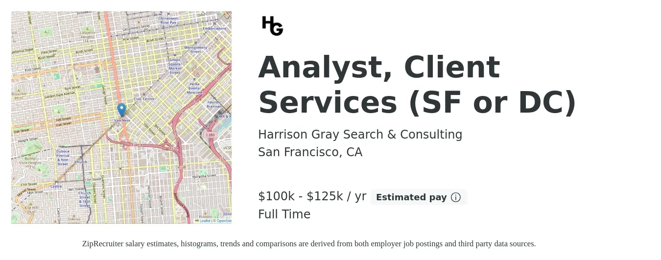 Harrison Gray Search & Consulting job posting for a Analyst, Client Services (SF or DC) in San Francisco, CA with a salary of $100,000 to $125,000 Yearly with a map of San Francisco location.