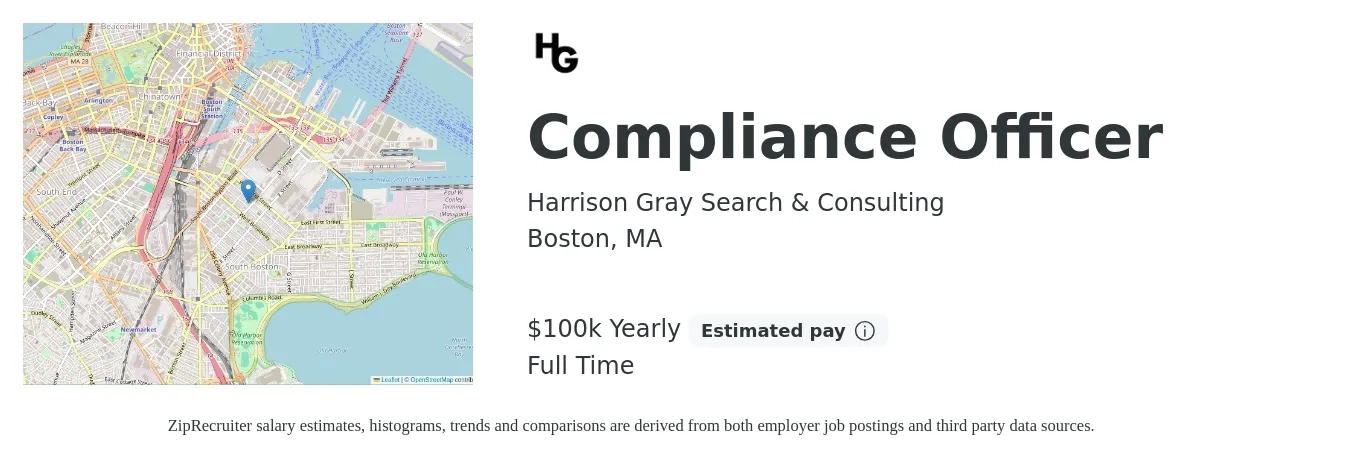 Harrison Gray Search & Consulting job posting for a Compliance Officer in Boston, MA with a salary of $100,000 Yearly with a map of Boston location.