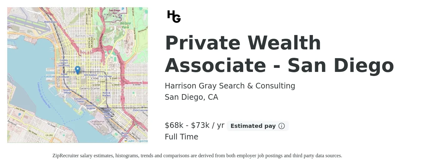 Harrison Gray Search & Consulting job posting for a Private Wealth Associate - San Diego in San Diego, CA with a salary of $68,000 to $73,000 Yearly with a map of San Diego location.