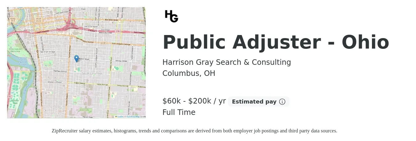 Harrison Gray Search & Consulting job posting for a Public Adjuster - Ohio in Columbus, OH with a salary of $60,000 to $200,000 Yearly with a map of Columbus location.