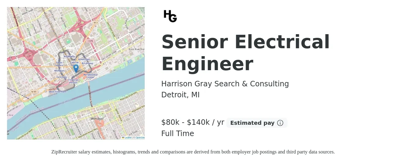 Harrison Gray Search & Consulting job posting for a Senior Electrical Engineer in Detroit, MI with a salary of $80,000 to $140,000 Yearly with a map of Detroit location.