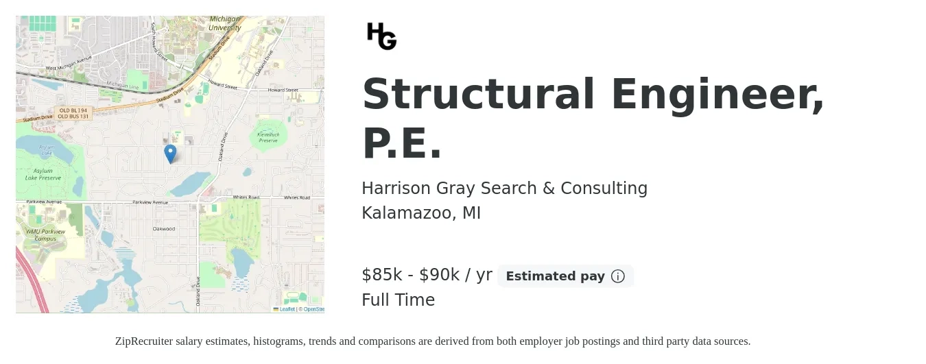 Harrison Gray Search & Consulting job posting for a Structural Engineer, P.E. in Kalamazoo, MI with a salary of $85,000 to $90,000 Yearly with a map of Kalamazoo location.