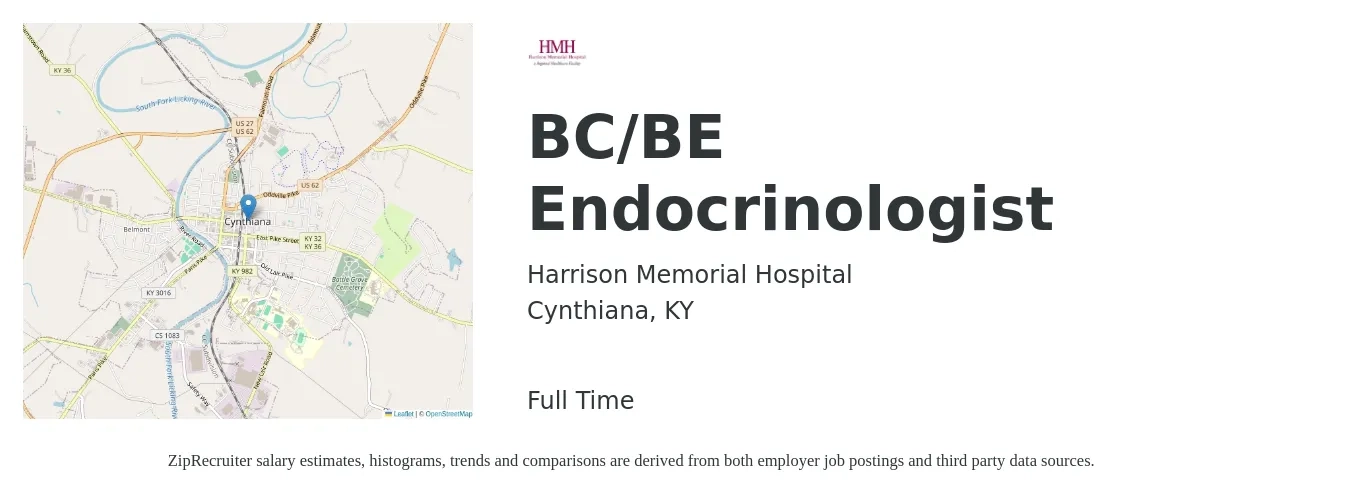 Harrison Memorial Hospital job posting for a BC/BE Endocrinologist in Cynthiana, KY with a salary of $198,900 to $326,900 Yearly with a map of Cynthiana location.