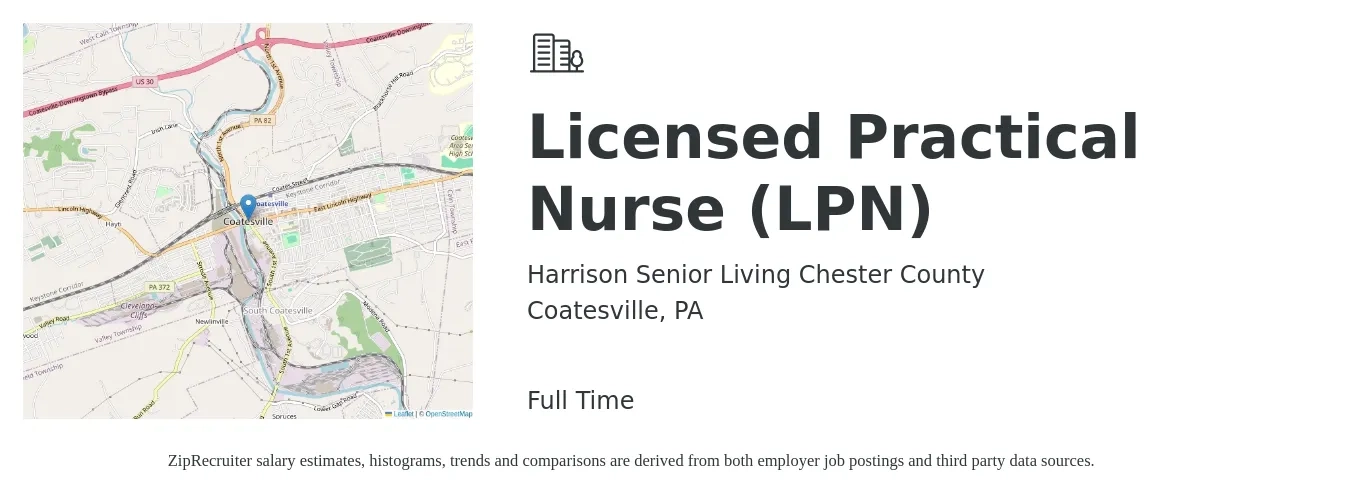 Harrison Senior Living Chester County job posting for a Licensed Practical Nurse (LPN) in Coatesville, PA with a salary of $25 to $34 Hourly with a map of Coatesville location.